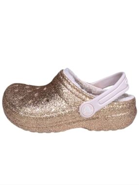 Crocs Gold Glitter Shiny Fuzzy Furry Clog Little Girls Kids Size 10